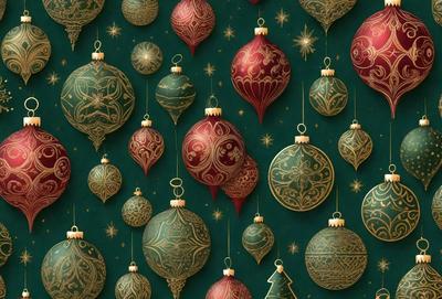The primary subject of the image is a collection of Christmas ornaments, which are displayed on a green background. The ornaments are of various shapes and sizes, and they are arranged in a visually appealing manner. The overall atmosphere of the image is festive and joyful, as it showcases the beauty of these holiday decorations.